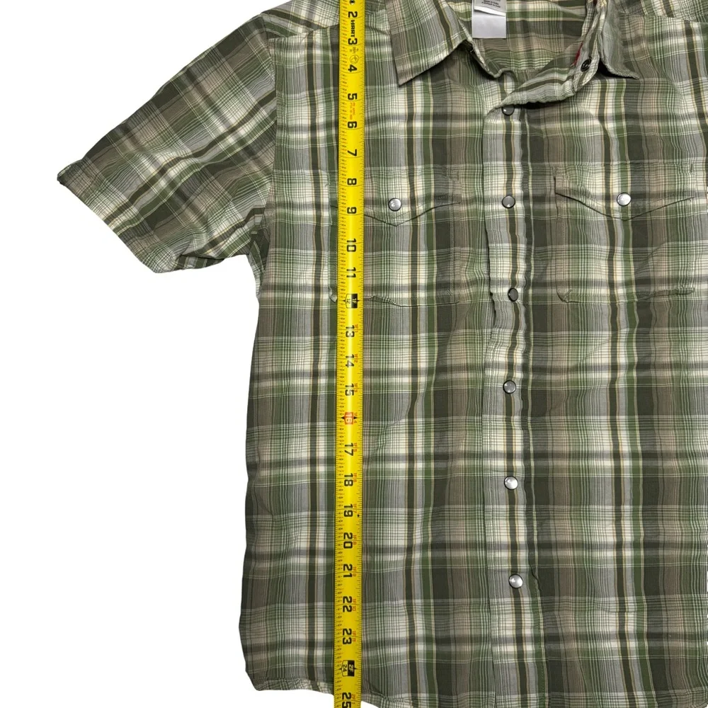 The North Face Shirt Mens Small Green Cotton Snap Buttons Plaid‎ Short Sleeve